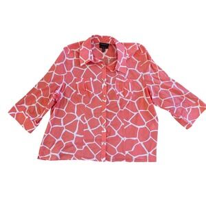 FOXCROFT Giraffe Print Button Up Shirt Coral White Cotton Fitted‎ Womens 2X 20